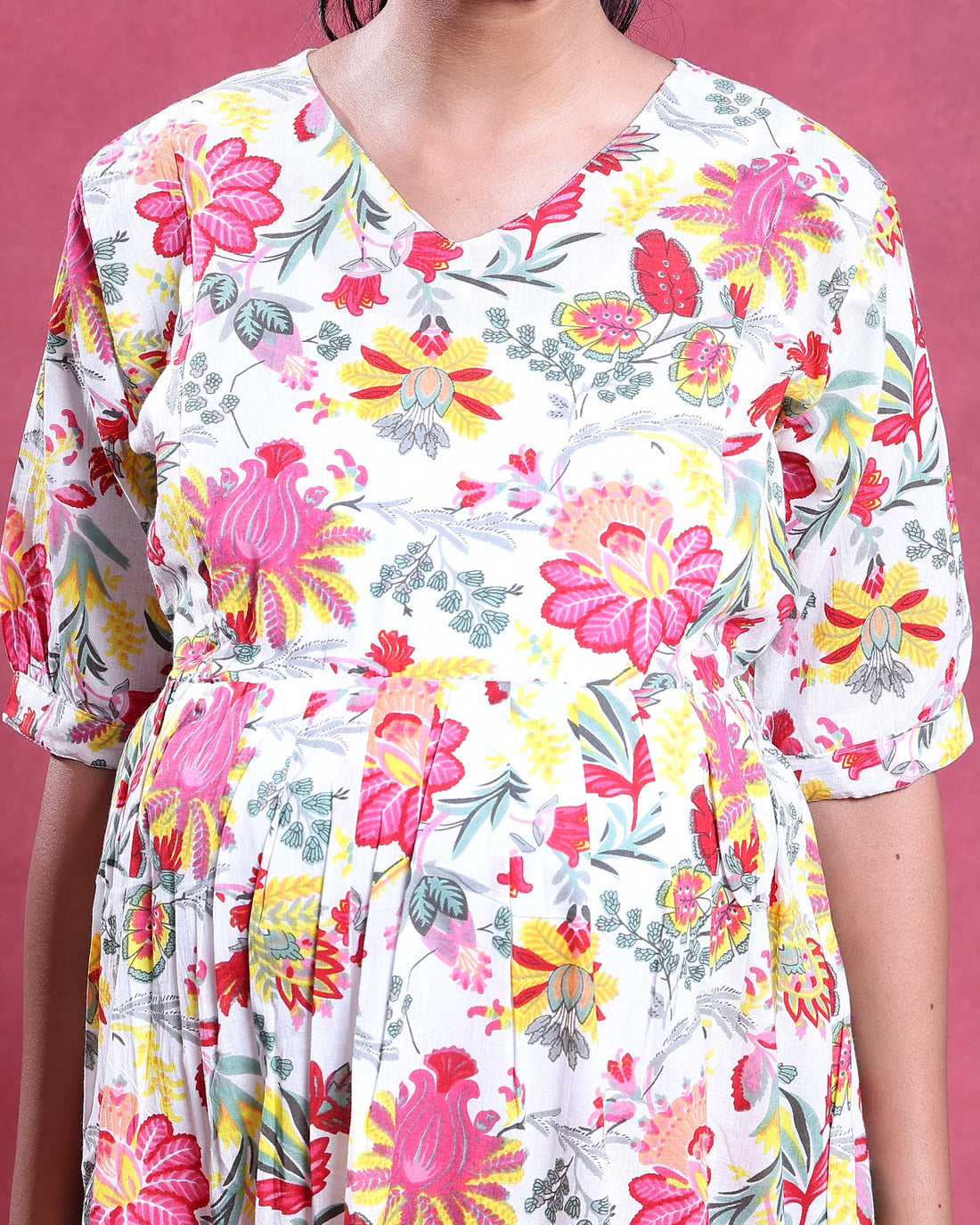 Women’s Maternity and Feeding Kurta Dress with Hidden Feeding Zippers Floral Printed A-Line Fit V-Neck Comfortable Wear - Cream