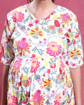 Women’s Maternity and Feeding Kurta Dress with Hidden Feeding Zippers Floral Printed A-Line Fit V-Neck Comfortable Wear - Cream-Close Up