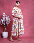 Women’s Maternity and Feeding Kurta Dress with Hidden Feeding Zippers Floral Printed A-Line Fit V-Neck Comfortable Wear - Cream-Left Side Image