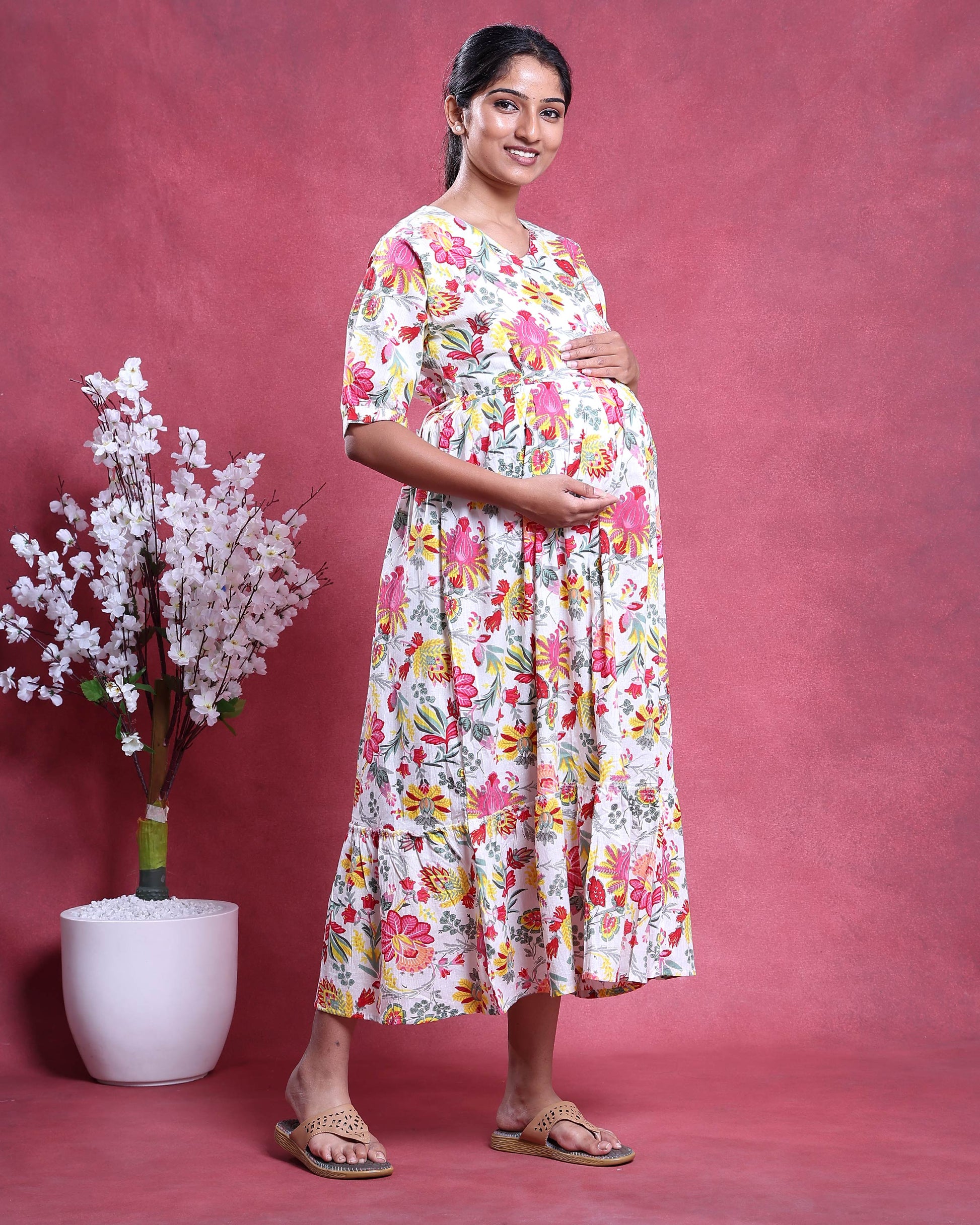Women’s Maternity and Feeding Kurta Dress with Hidden Feeding Zippers Floral Printed A-Line Fit V-Neck Comfortable Wear - Cream-Left Side Image