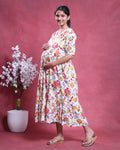 Women’s Maternity and Feeding Kurta Dress with Hidden Feeding Zippers Floral Printed A-Line Fit V-Neck Comfortable Wear - Cream-Side Image