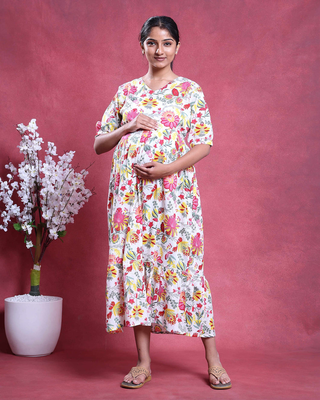 Women’s Maternity and Feeding Kurta Dress with Hidden Feeding Zippers Floral Printed A-Line Fit V-Neck Comfortable Wear - Cream