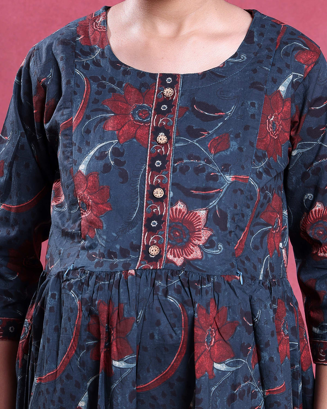 Women’s Maternity and Feeding Kurta with Hidden Feeding Zippers Floral Printed A-Line Fit Round Neck Comfortable Everyday Wear - Dark Blue