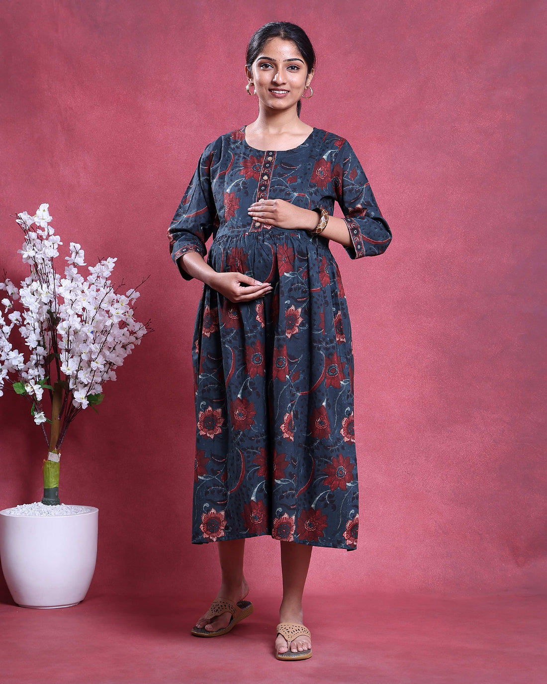 Women’s Maternity and Feeding Kurta with Hidden Feeding Zippers Floral Printed A-Line Fit Round Neck Comfortable Everyday Wear - Dark Blue
