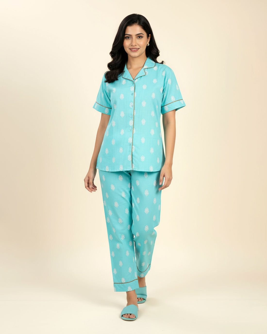 Women's Motif Print Short Sleeve Night Wear - Blue