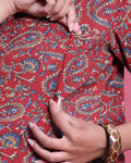 Women’s Printed Maternity Knee Length Feeding Dress with Round Neck and 3/4th Sleeves, Red