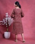 Women’s Printed Maternity Knee Length Feeding Dress with Round Neck and 3/4th Sleeves, Red