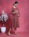 Women’s Printed Maternity Knee Length Feeding Dress with Round Neck and 3/4th Sleeves, Red