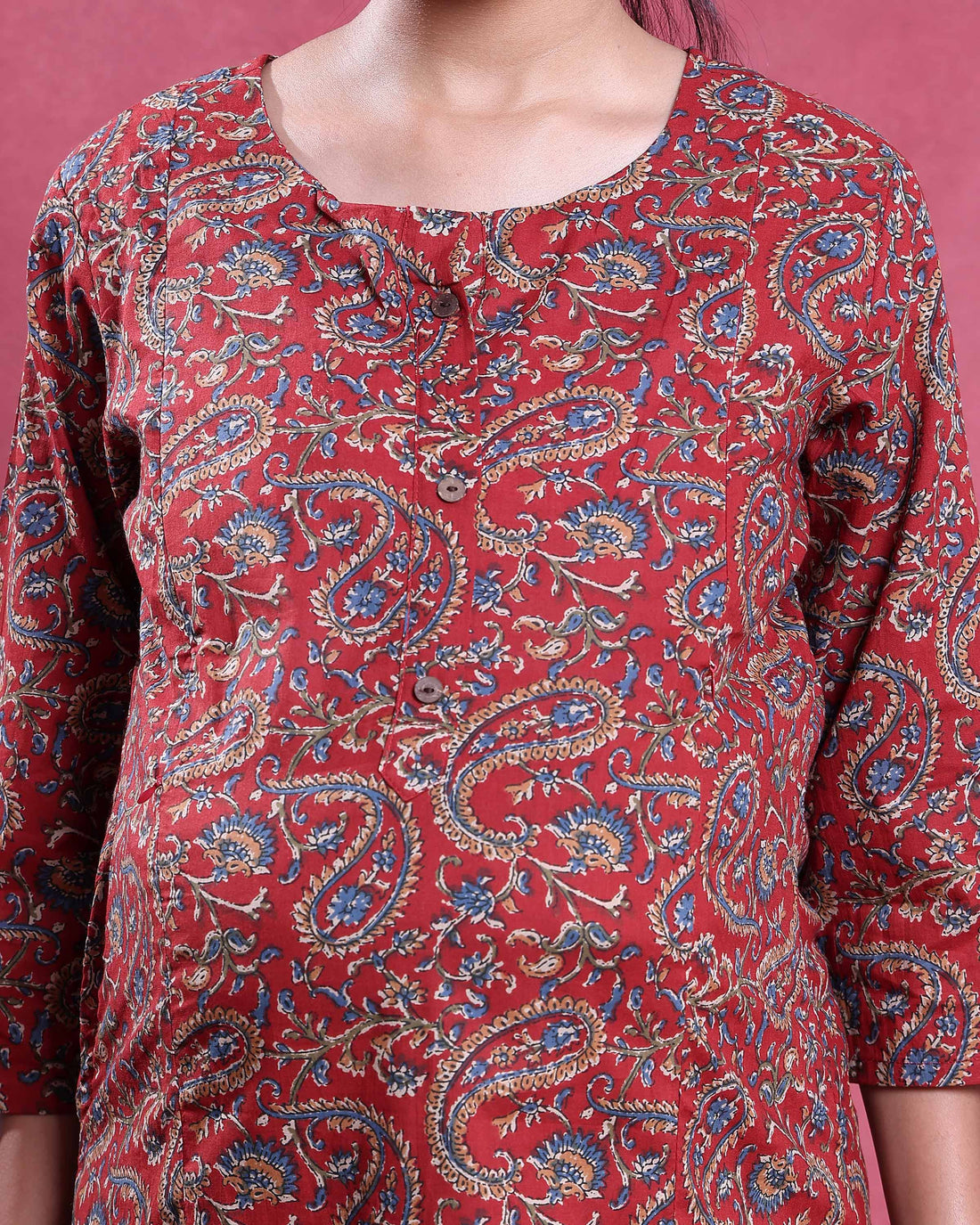 Women’s Paisley Printed Maternity Feeding Dress with Hidden Zipper Nursing Access Gathered A-Line Silhouette Round Neck and 3/4th Sleeves - Red