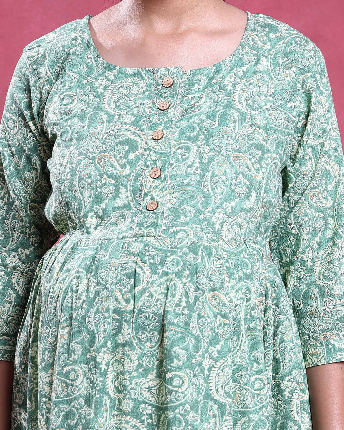 Women’s Paisley Printed Maternity Feeding Kurta with Round Neck Front Button Placket 3/4th Sleeves and Flowy Gathered Fit - Green