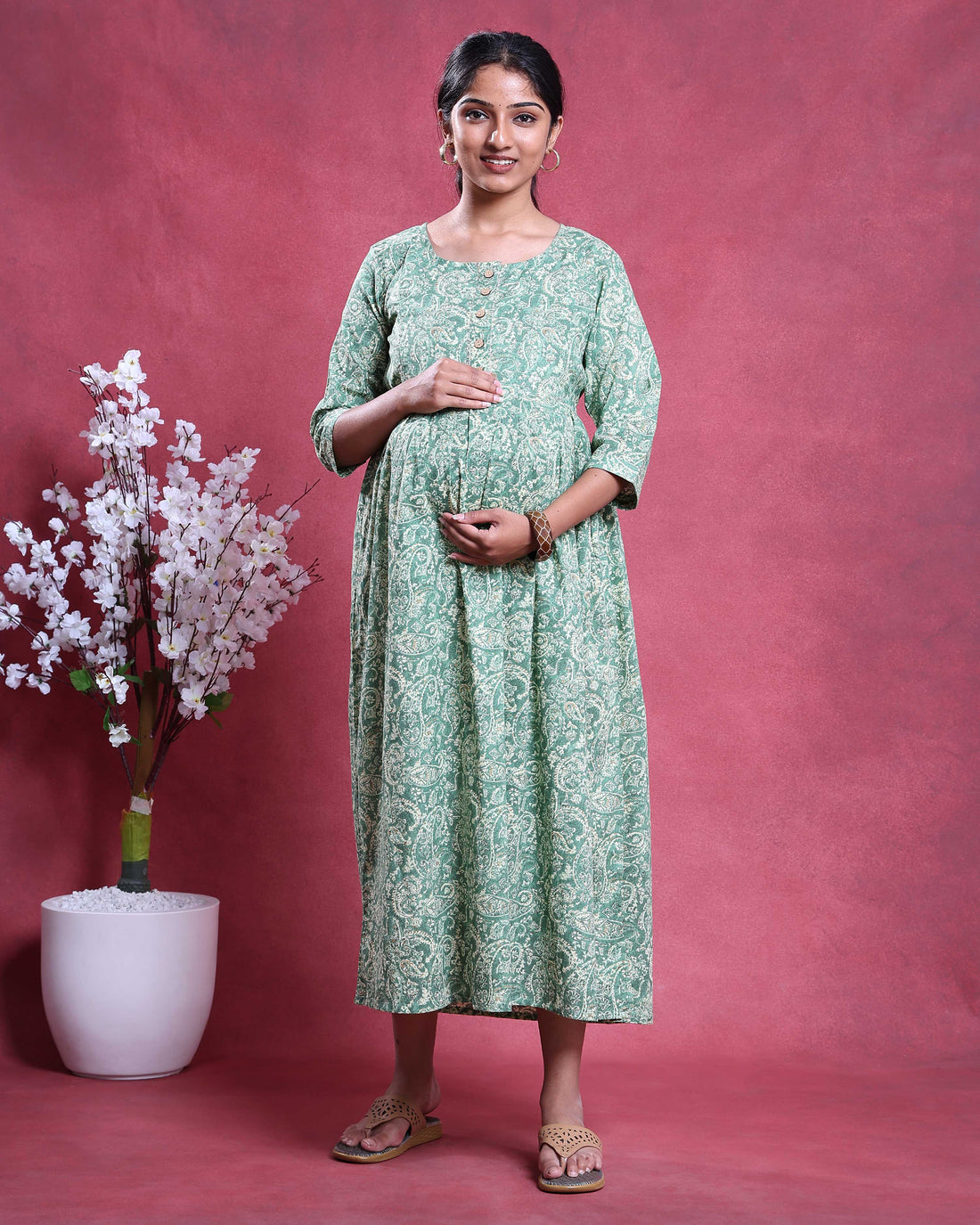 Women’s Paisley Printed Maternity Feeding Kurta with Round Neck Front Button Placket 3/4th Sleeves and Flowy Gathered Fit - Green