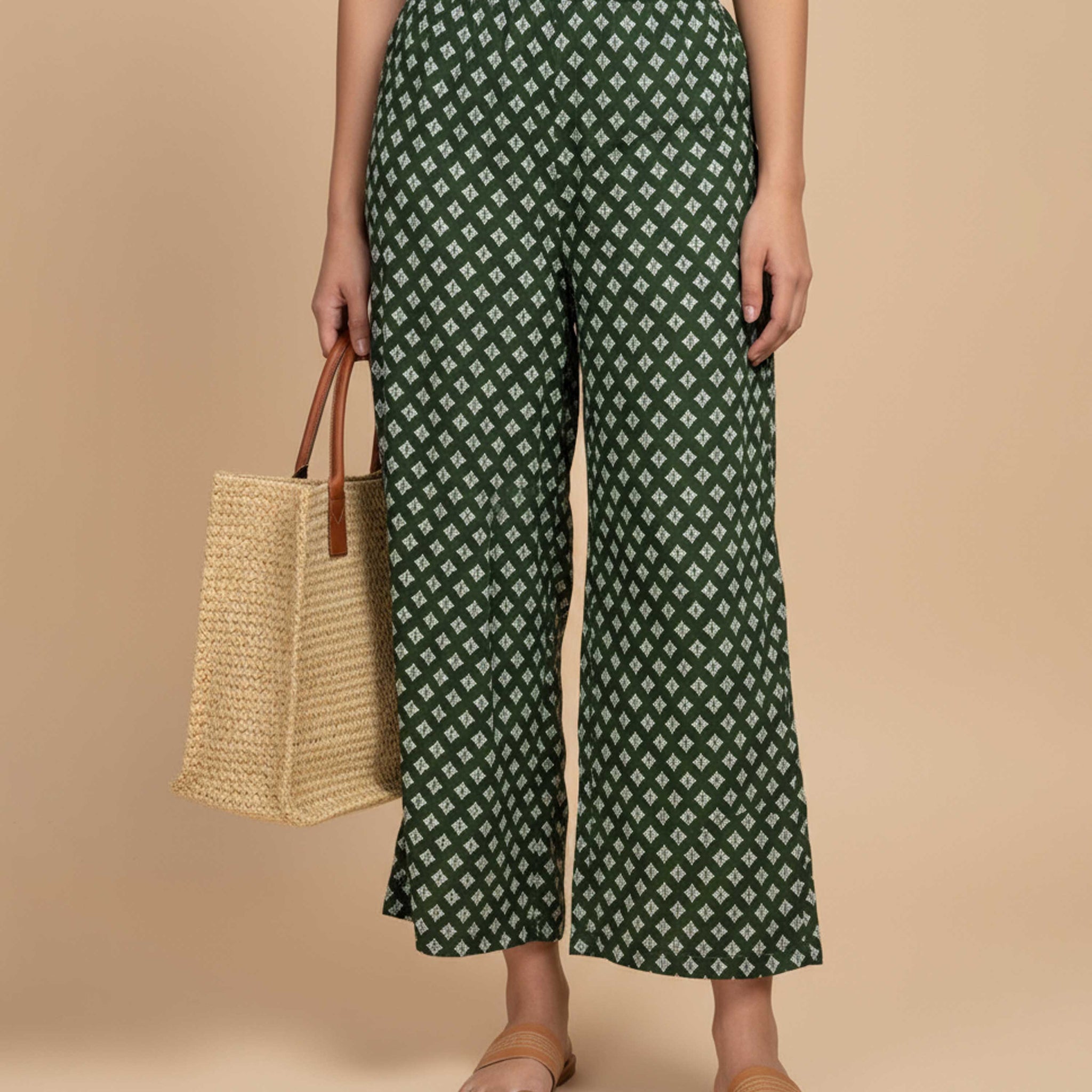 Women's Printed Wide-Leg Palazzo Pant with Elasticated Waistband - Green-main