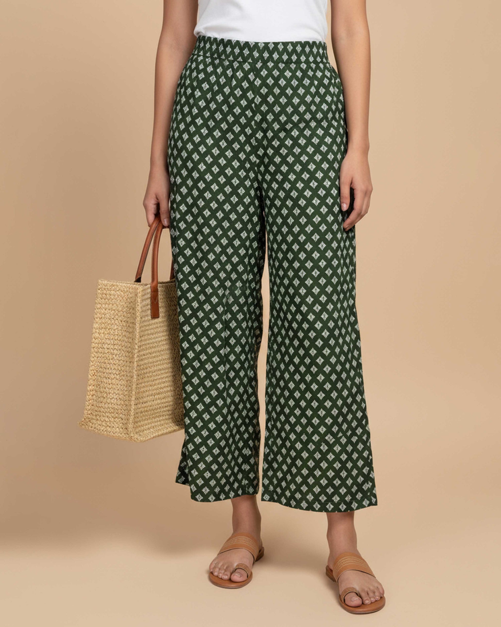 Women's Printed Wide-Leg Palazzo Pant with Elasticated Waistband - Green-main