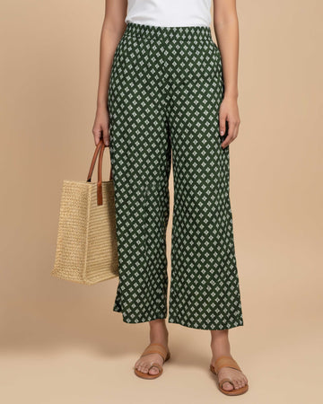 Women's Printed Wide-Leg Palazzo Pant with Elasticated Waistband - Green-main