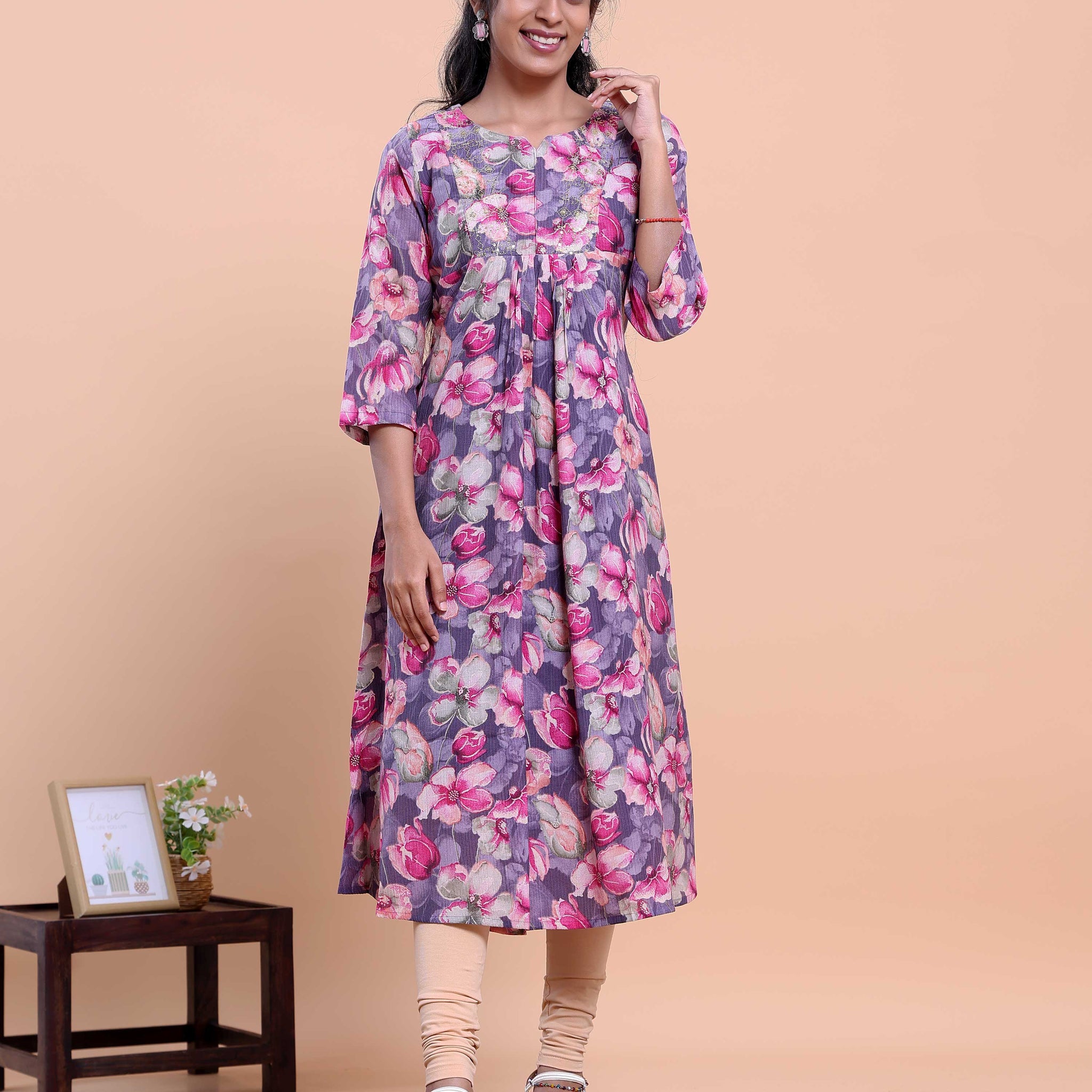 Women's Printed A-line Kurta with Round Neck and 3/4 th Sleeves - Lavender