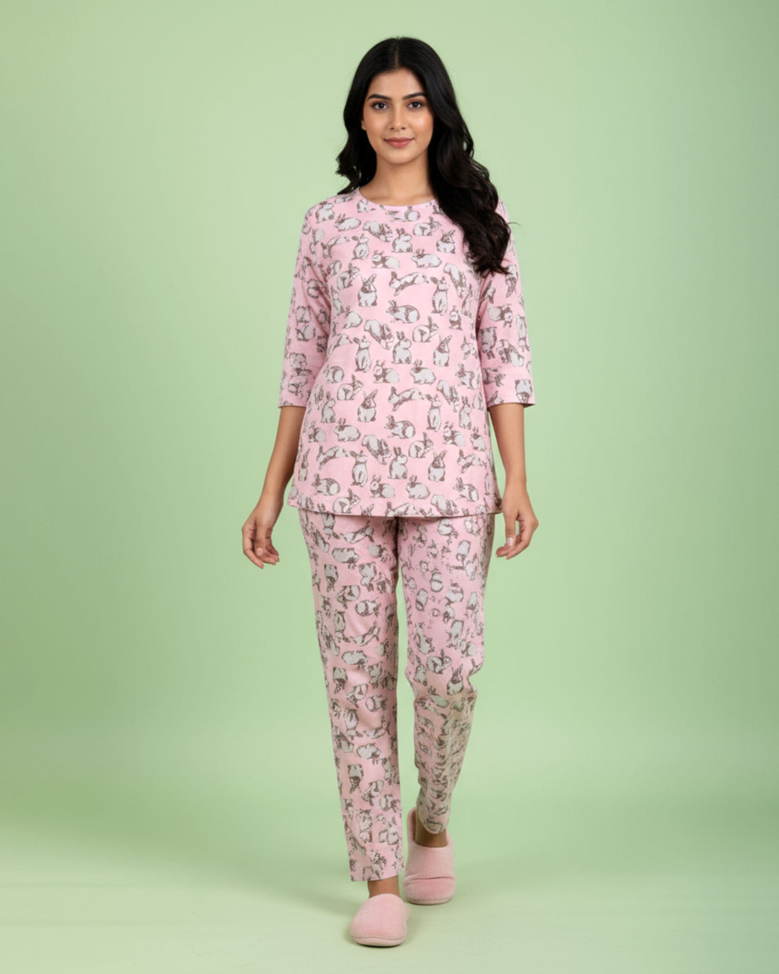 Women's Printed Long Sleeve Night Wear - Pink