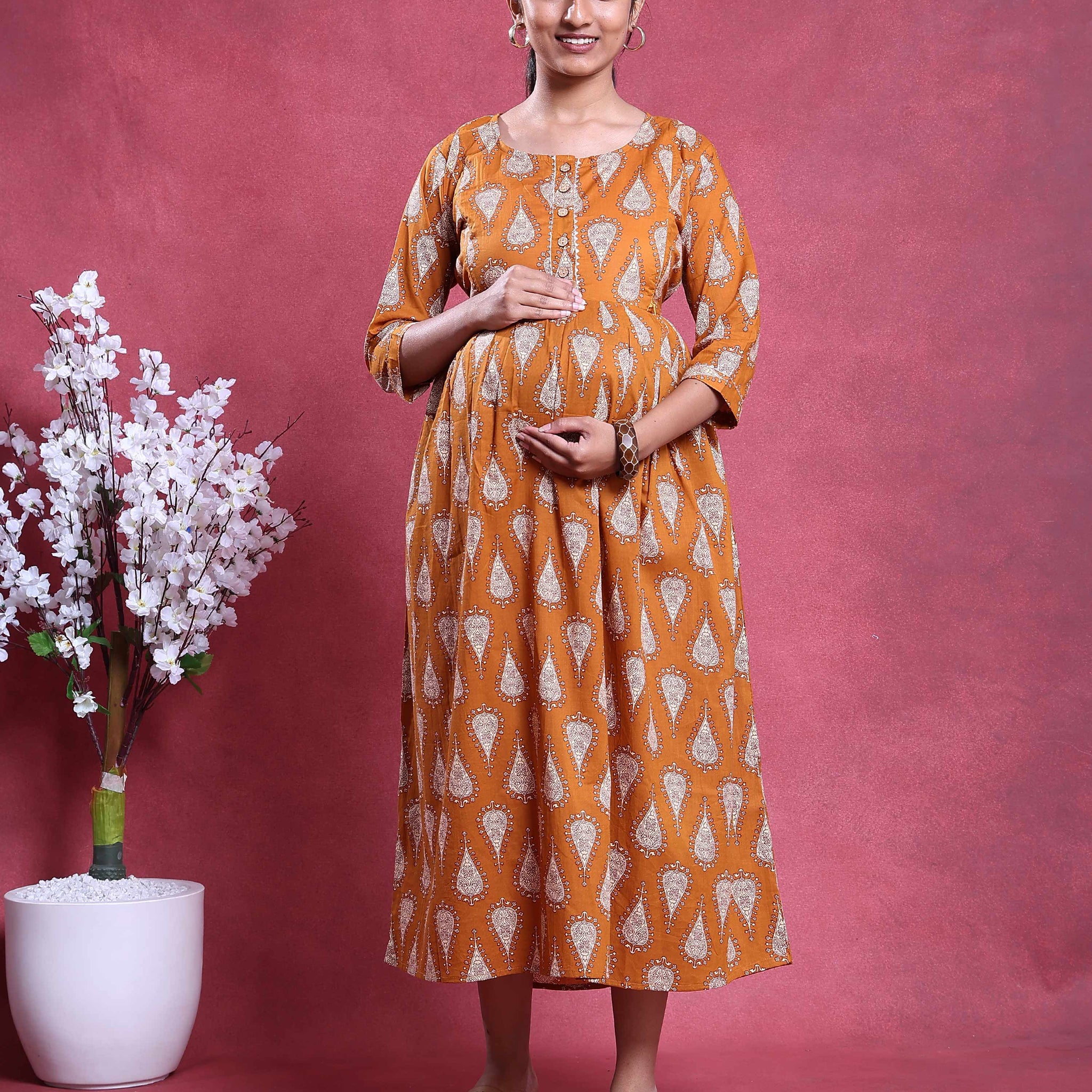 Women's Printed Maternity Dress Mustard