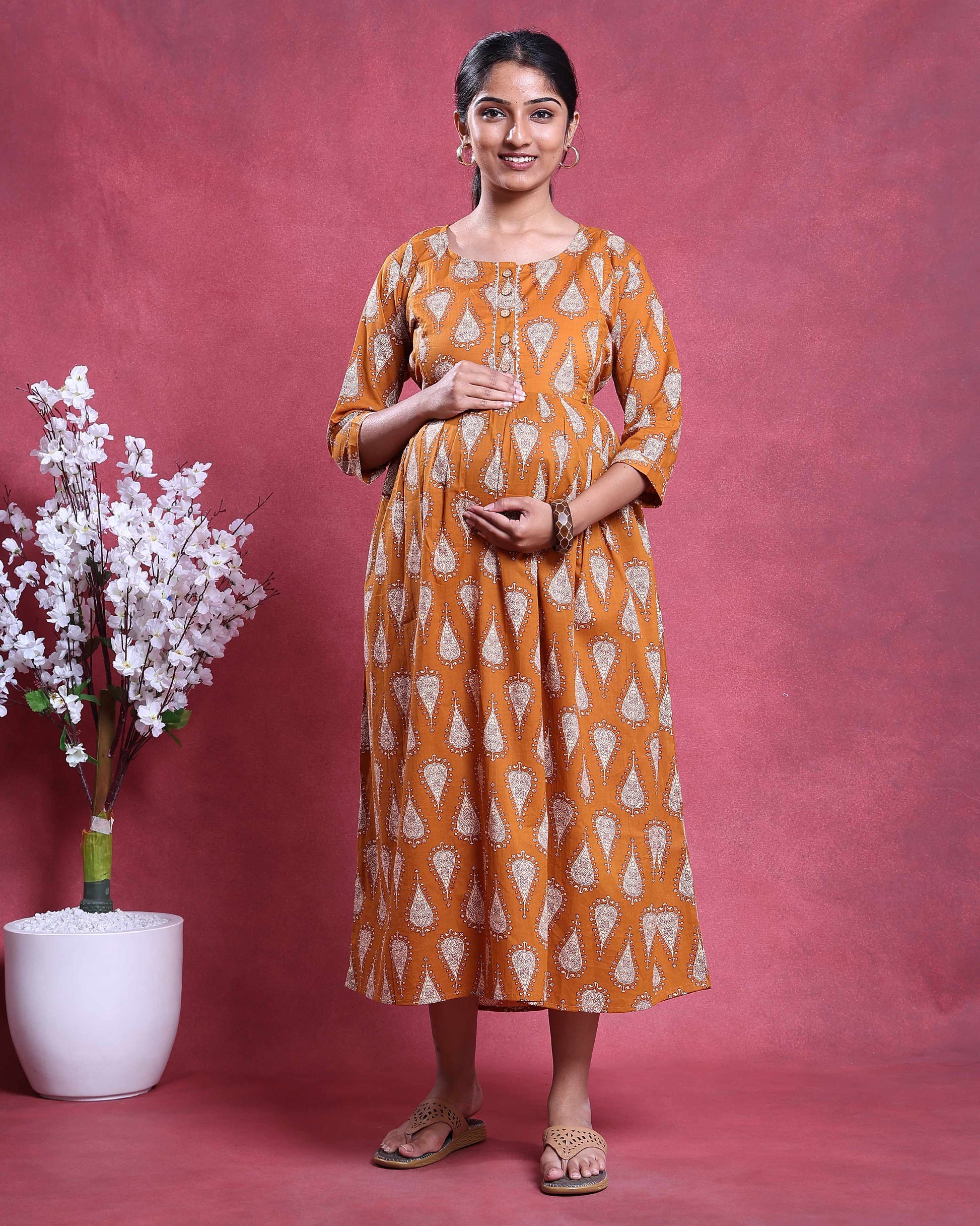 Women's Printed Maternity Dress Mustard