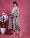 Women’s Printed Maternity Knee Length Feeding Dress with Round Neck and 3/4th Sleeves, Grey