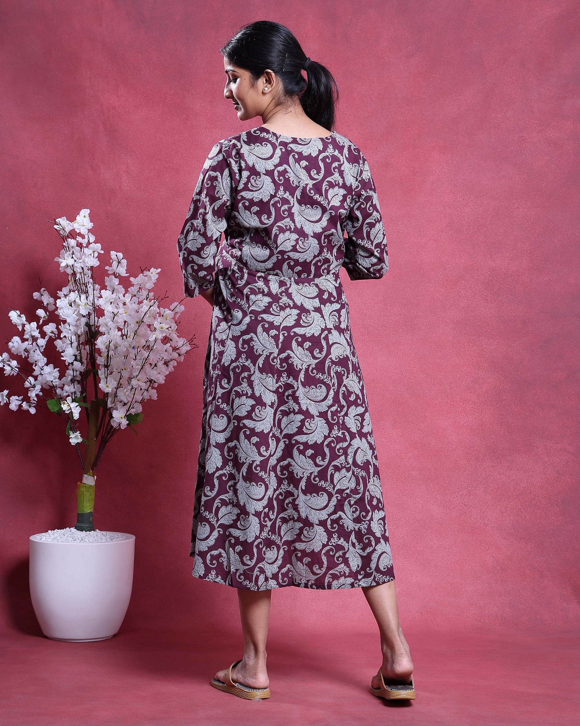 Women’s Printed Maternity Feeding Dress with Concealed Zipper Nursing Access A-Line Fit Round Neck and 3/4th Sleeves - Burgundy-Back Side Image