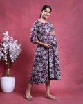 Women’s Printed Maternity Feeding Dress with Concealed Zipper Nursing Access A-Line Fit Round Neck and 3/4th Sleeves - Burgundy-Left Side Image