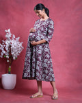 Women’s Printed Maternity Feeding Dress with Concealed Zipper Nursing Access A-Line Fit Round Neck and 3/4th Sleeves - Burgundy-Right Side Image