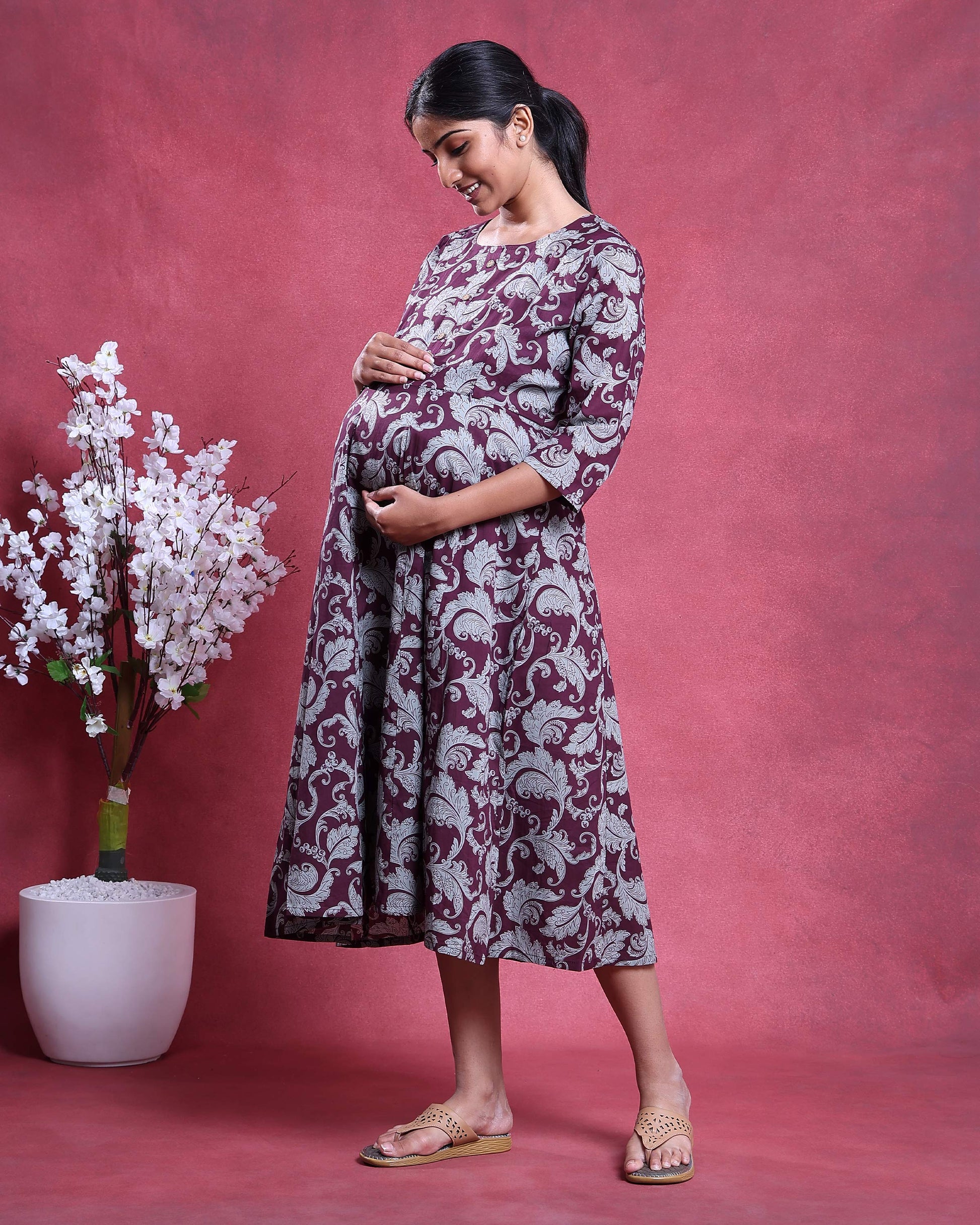 Women’s Printed Maternity Feeding Dress with Concealed Zipper Nursing Access A-Line Fit Round Neck and 3/4th Sleeves - Burgundy-Right Side Image