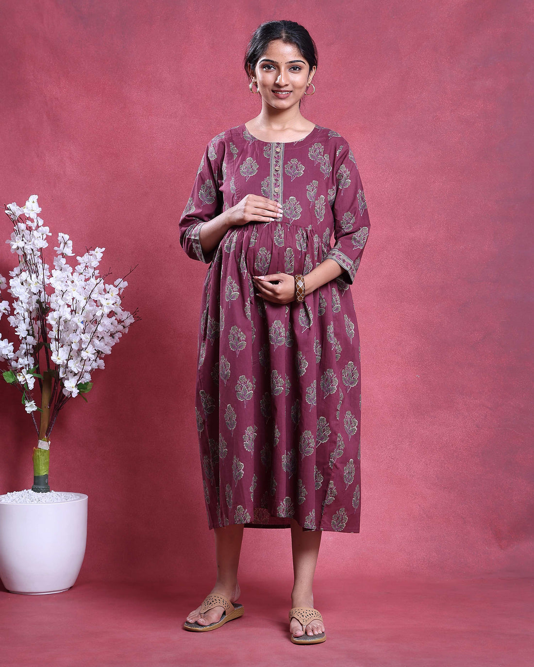 Women’s Printed Maternity Feeding Dress with Round Neck and 3/4th Sleeves - Maroon