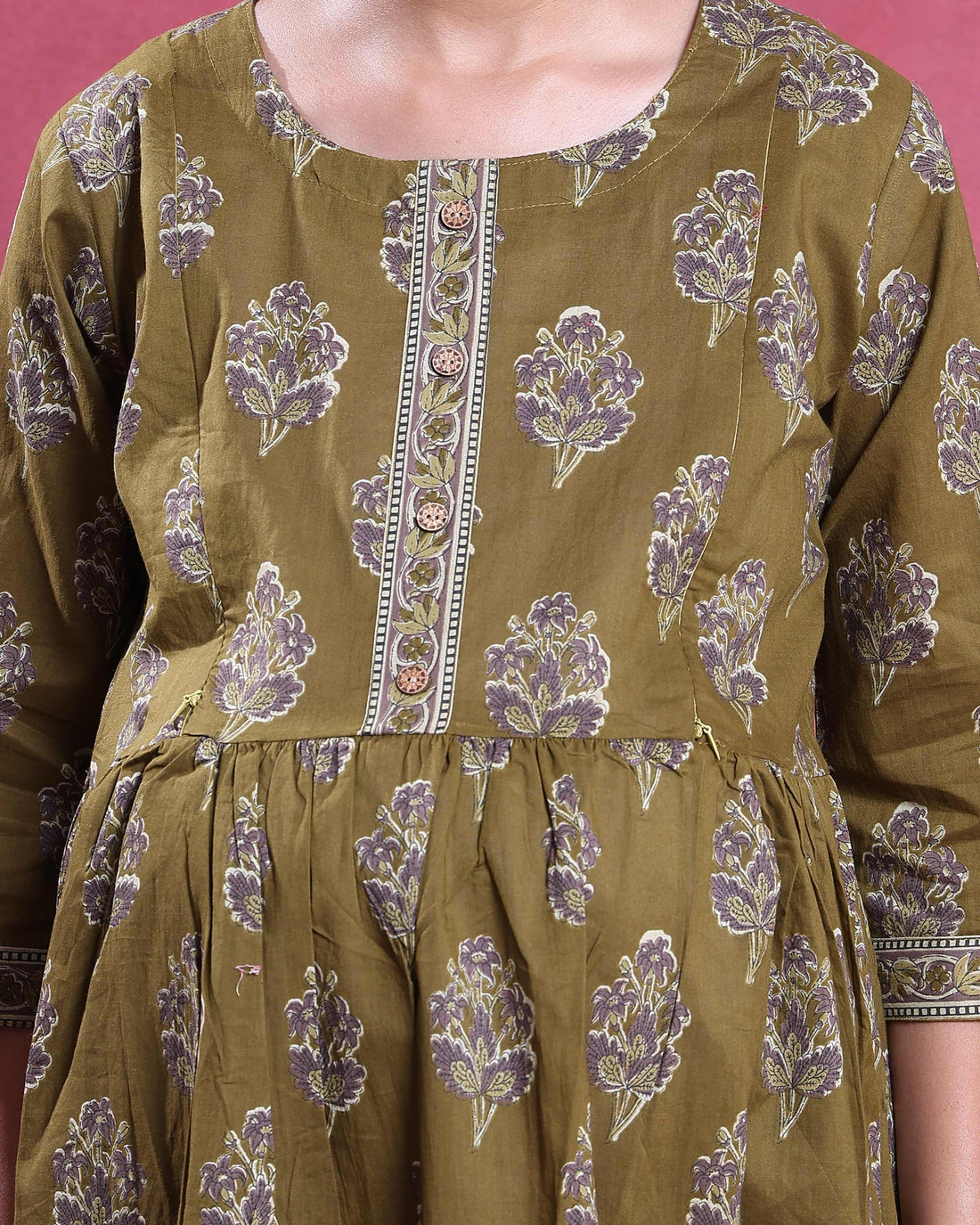 Women’s Printed Maternity Feeding Dress with Round Neck and 3/4th Sleeves - Olive Green
