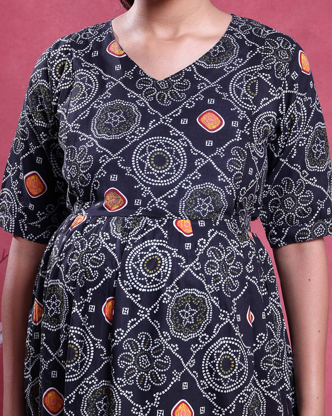 Women’s Printed Maternity Feeding Dress with V-Neck Short Sleeves and Tiered Flared Silhouette - Black