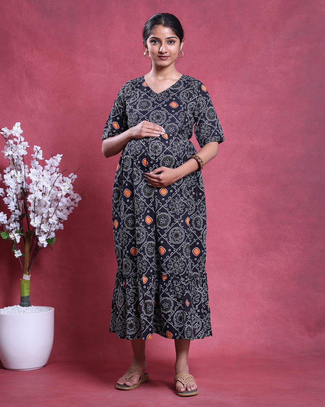 Women’s Printed Maternity Feeding Dress with V-Neck Short Sleeves and Tiered Flared Silhouette - Black