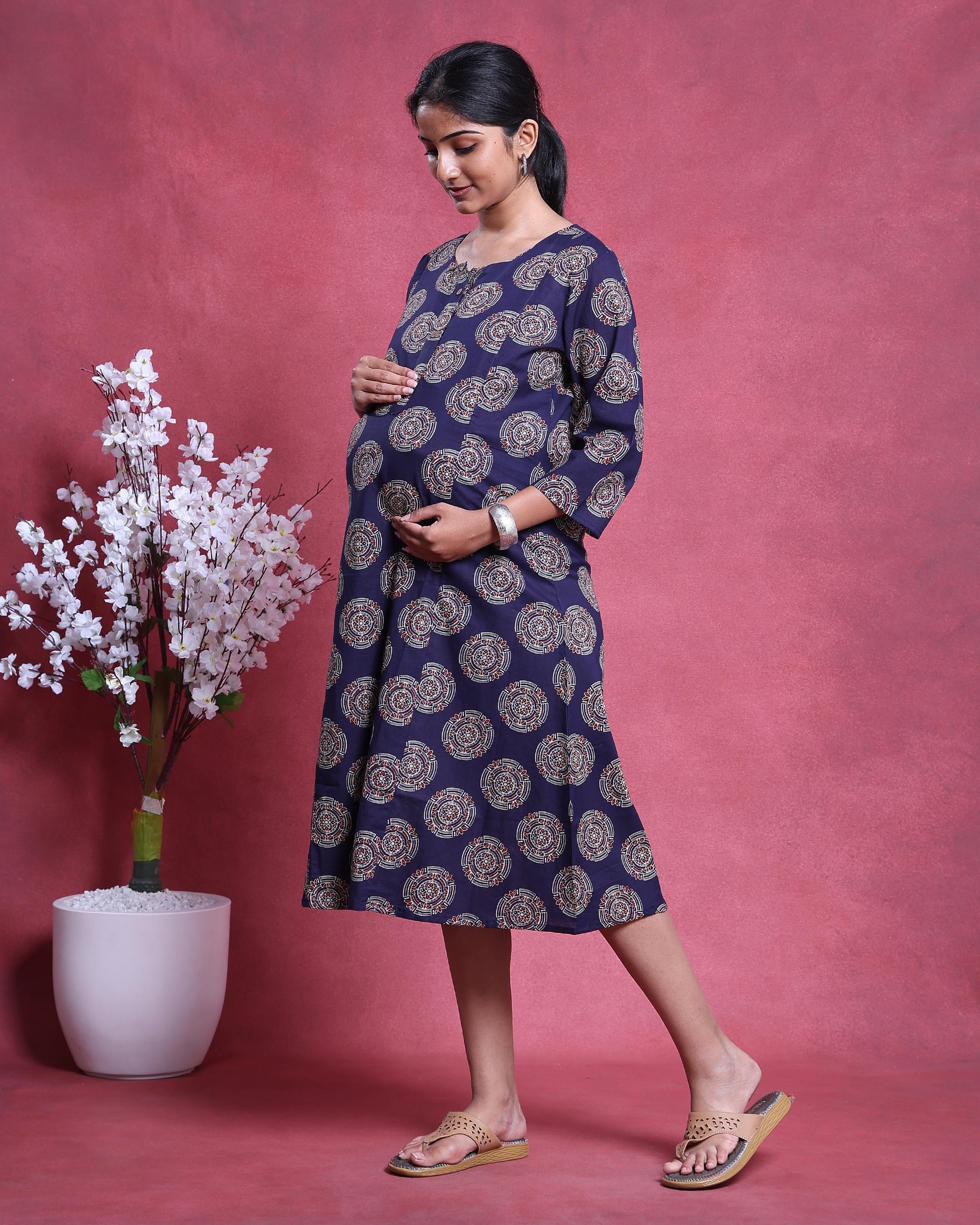 Women’s Printed Maternity Knee Length Feeding Dress with Round Neck and 3/4th Sleeves - Navy Blue-Main Image