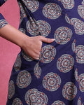 Women’s Printed Maternity Knee Length Feeding Dress with Round Neck and 3/4th Sleeves - Navy Blue-Pocket Image