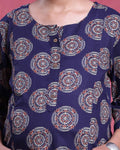 Women’s Printed Maternity Knee Length Feeding Dress with Round Neck and 3/4th Sleeves - Navy Blue-Close Up