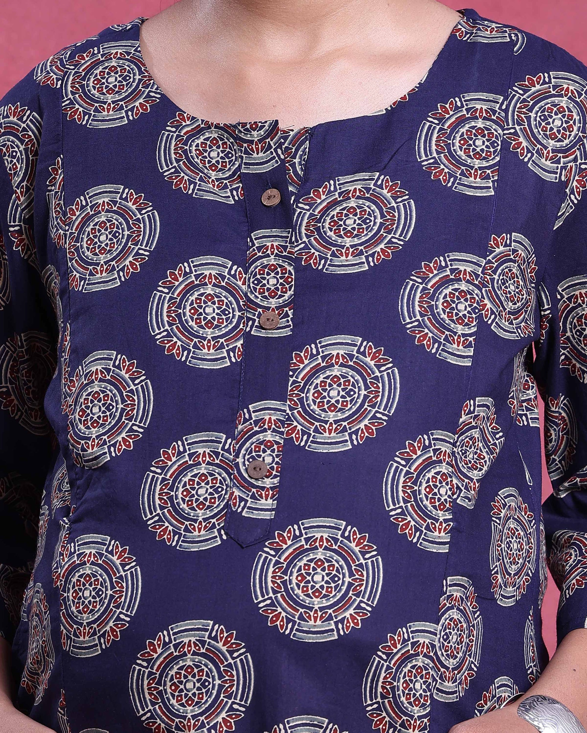 Women’s Printed Maternity Knee Length Feeding Dress with Round Neck and 3/4th Sleeves - Navy Blue-Close Up