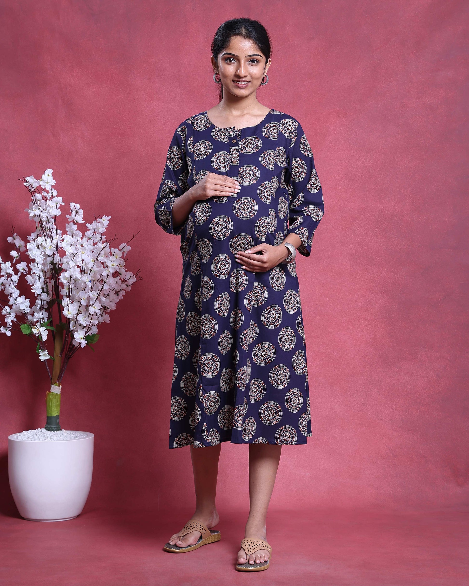 Women’s Printed Maternity Knee Length Feeding Dress with Round Neck and 3/4th Sleeves - Navy Blue