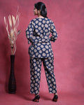 Women’s Printed Night Wear Suit with 3/4 Sleeve Top and Straight Fit Pants - Navy Blue