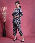 Women’s Printed Night Wear Suit with 3/4 Sleeve Top and Straight Fit Pants - Navy Blue