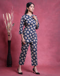 Women’s Printed Night Wear Suit with 3/4 Sleeve Top and Straight Fit Pants - Navy Blue