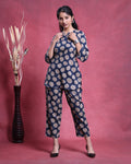 Women’s Printed Night Wear Suit with 3/4 Sleeve Top and Straight Fit Pants - Navy Blue