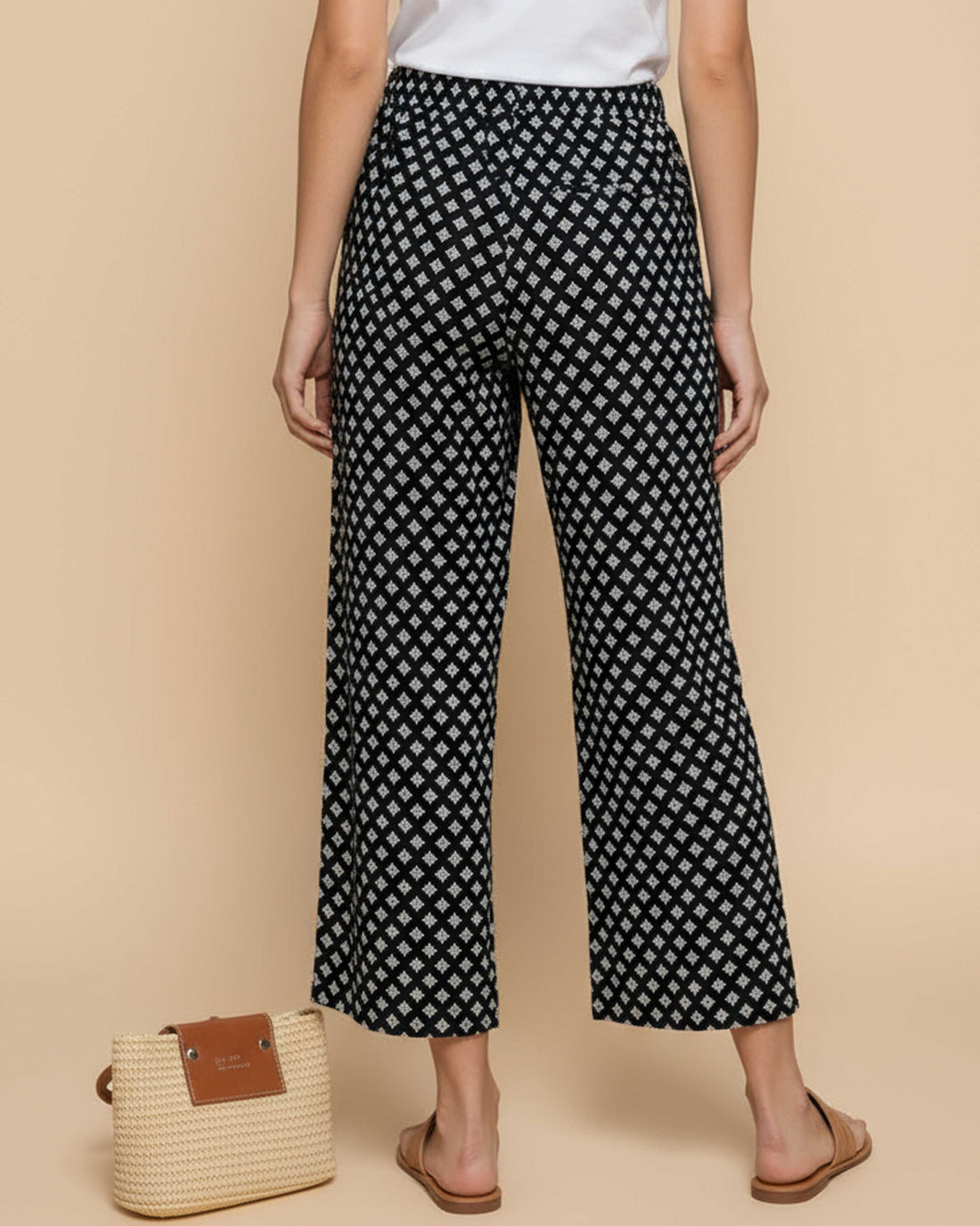 Women's Printed Wide-Leg Palazzo Pant with Elasticated Waistband -Black-FRONT