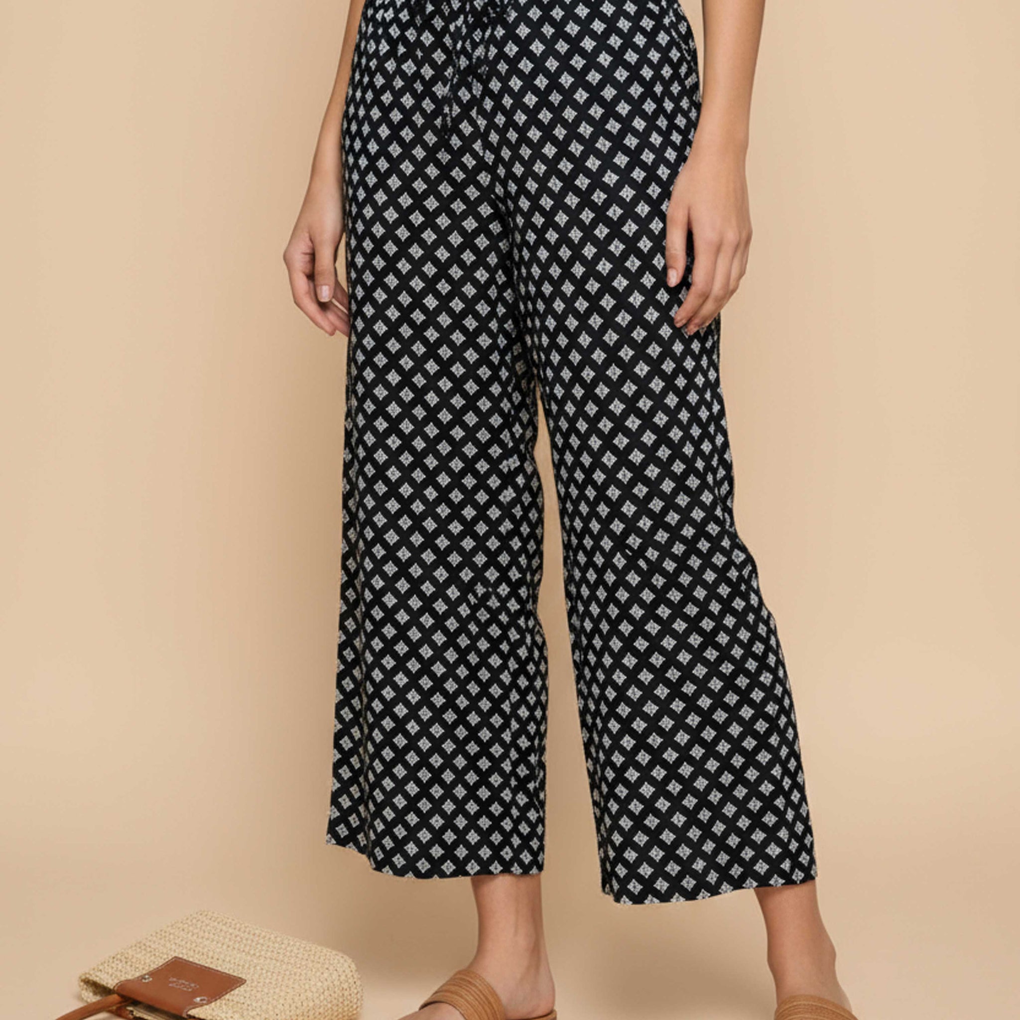 Women's Printed Wide-Leg Palazzo Pant with Elasticated Waistband -Black-FRONT