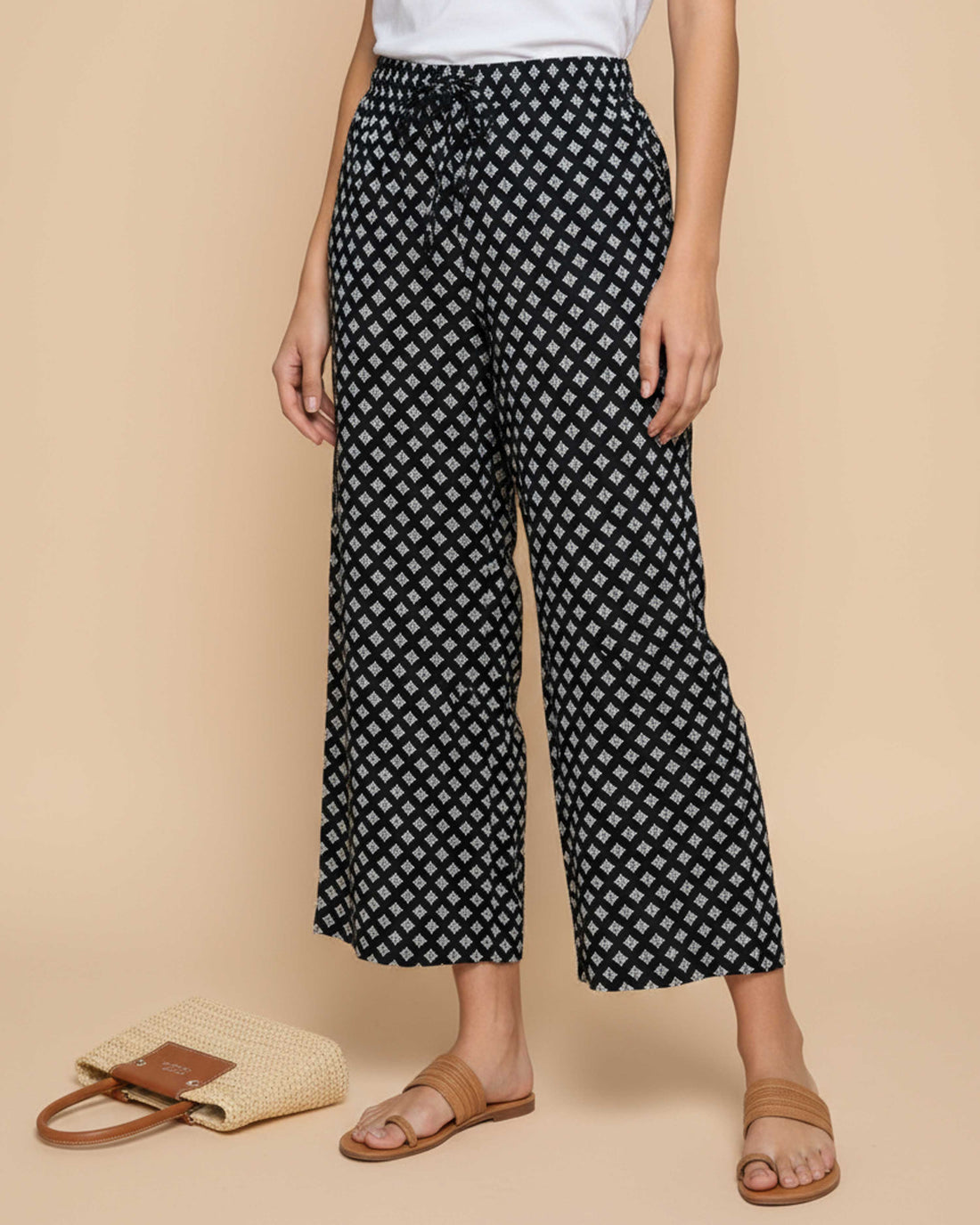Women's Printed Wide-Leg Palazzo Pant with Elasticated Waistband -Black-FRONT