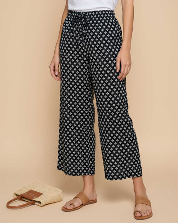Women's Printed Wide-Leg Palazzo Pant with Elasticated Waistband -Black-FRONT