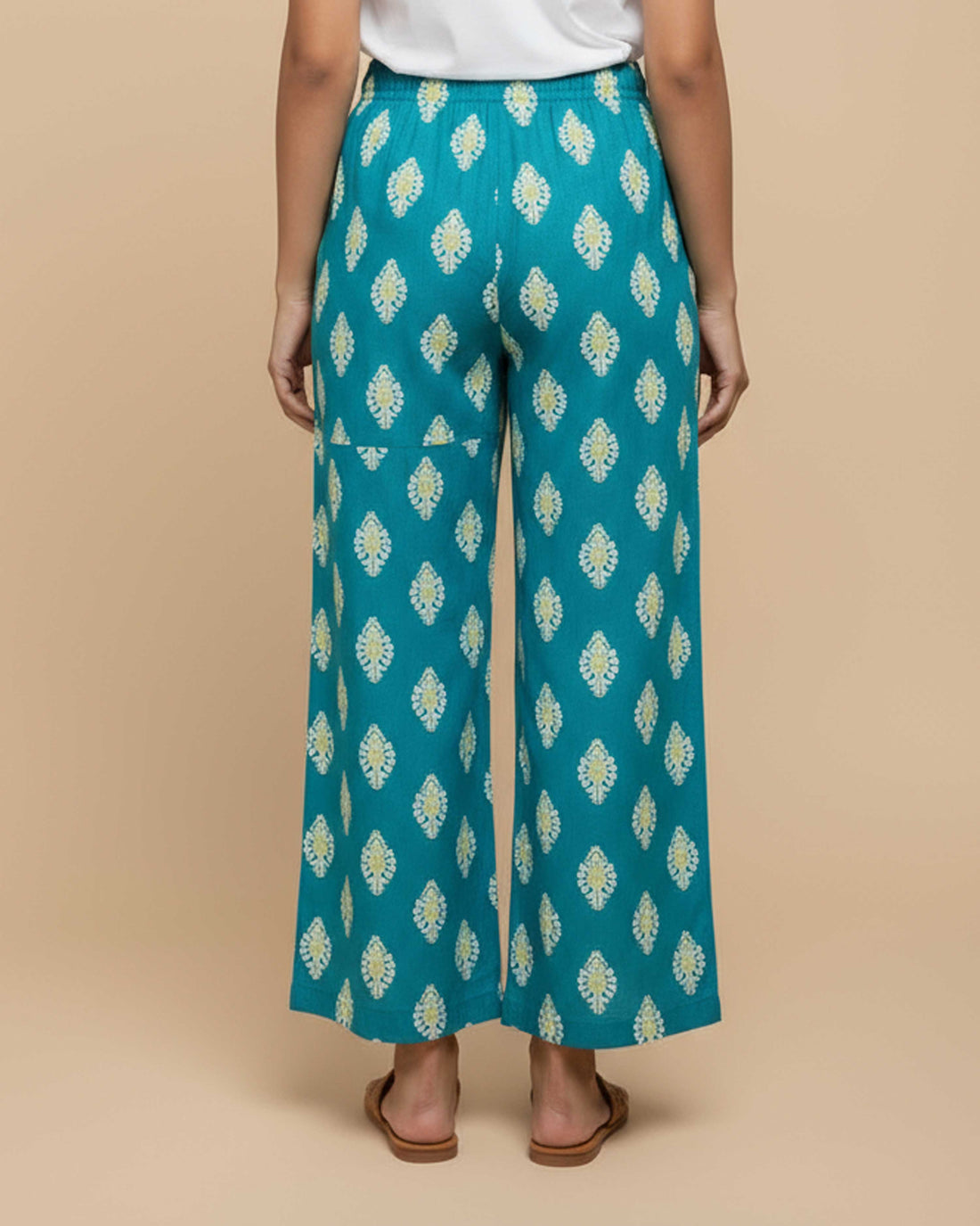 Women's Printed Wide-Leg Palazzo Pant with Elasticated Waistband -Blue