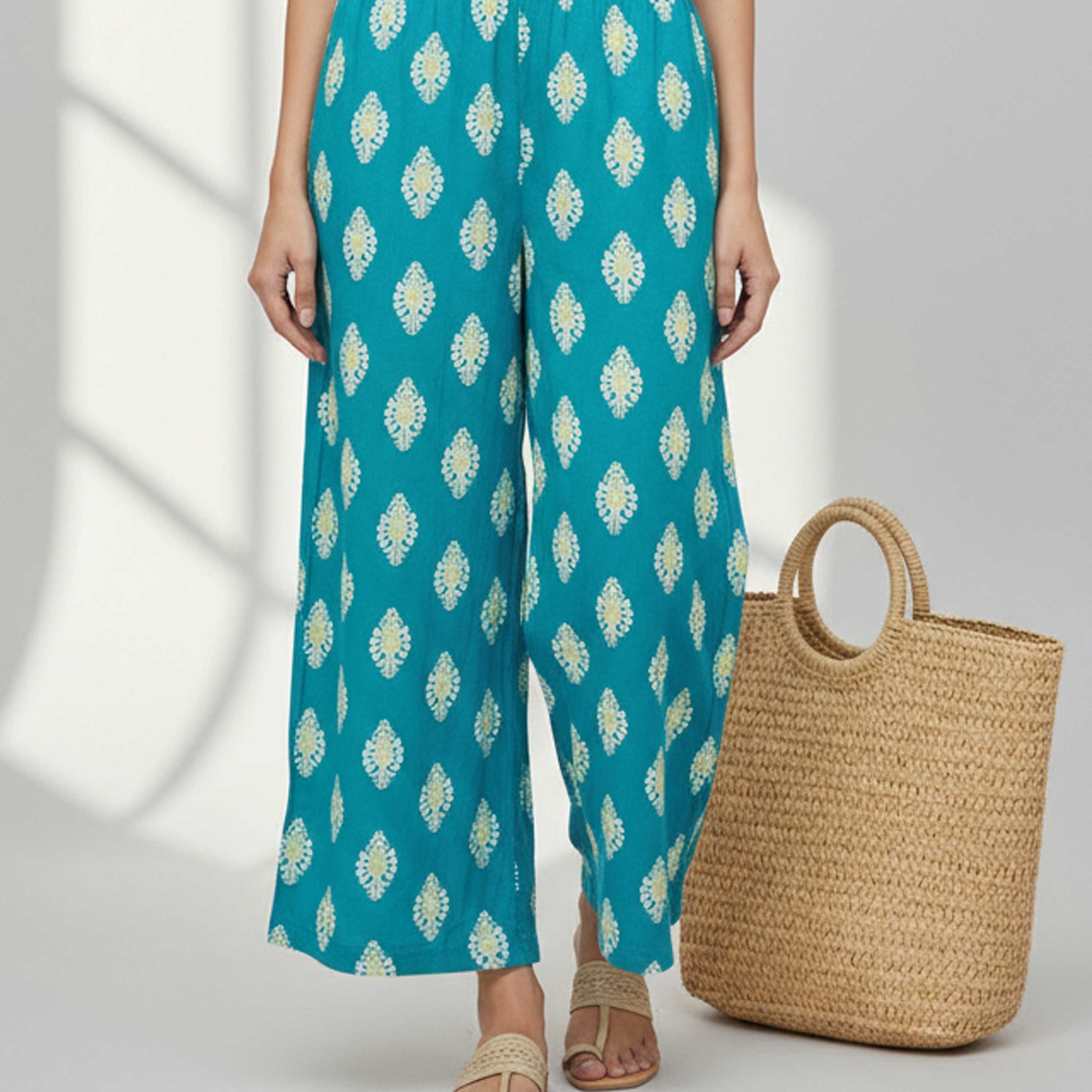 Women's Printed Wide-Leg Palazzo Pant with Elasticated Waistband -Blue