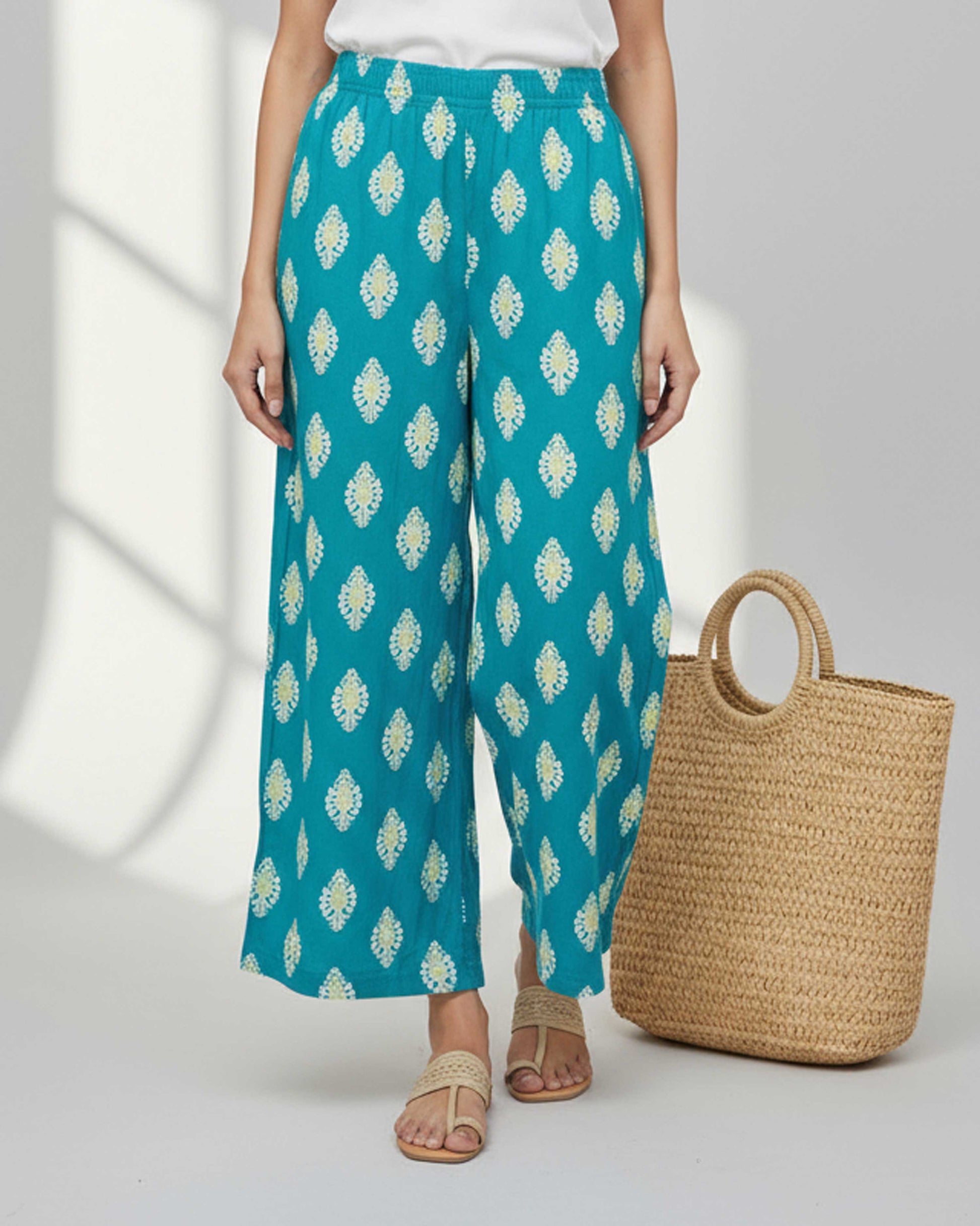 Women's Printed Wide-Leg Palazzo Pant with Elasticated Waistband -Blue