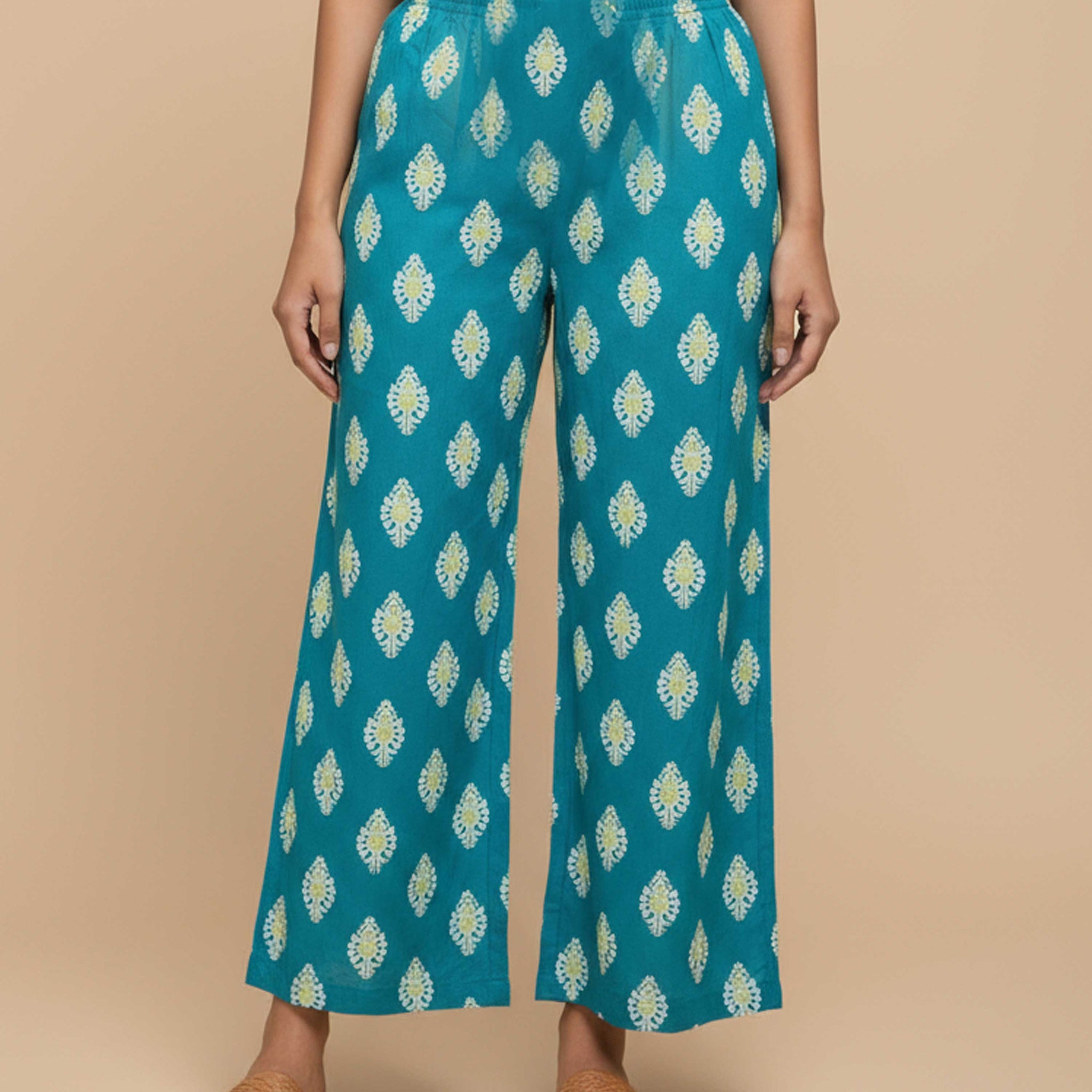 Women's Printed Wide-Leg Palazzo Pant with Elasticated Waistband -Blue