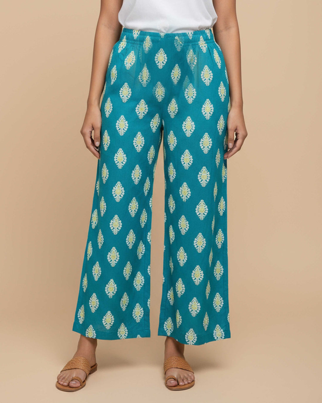 Women's Printed Wide-Leg Palazzo Pant with Elasticated Waistband -Blue