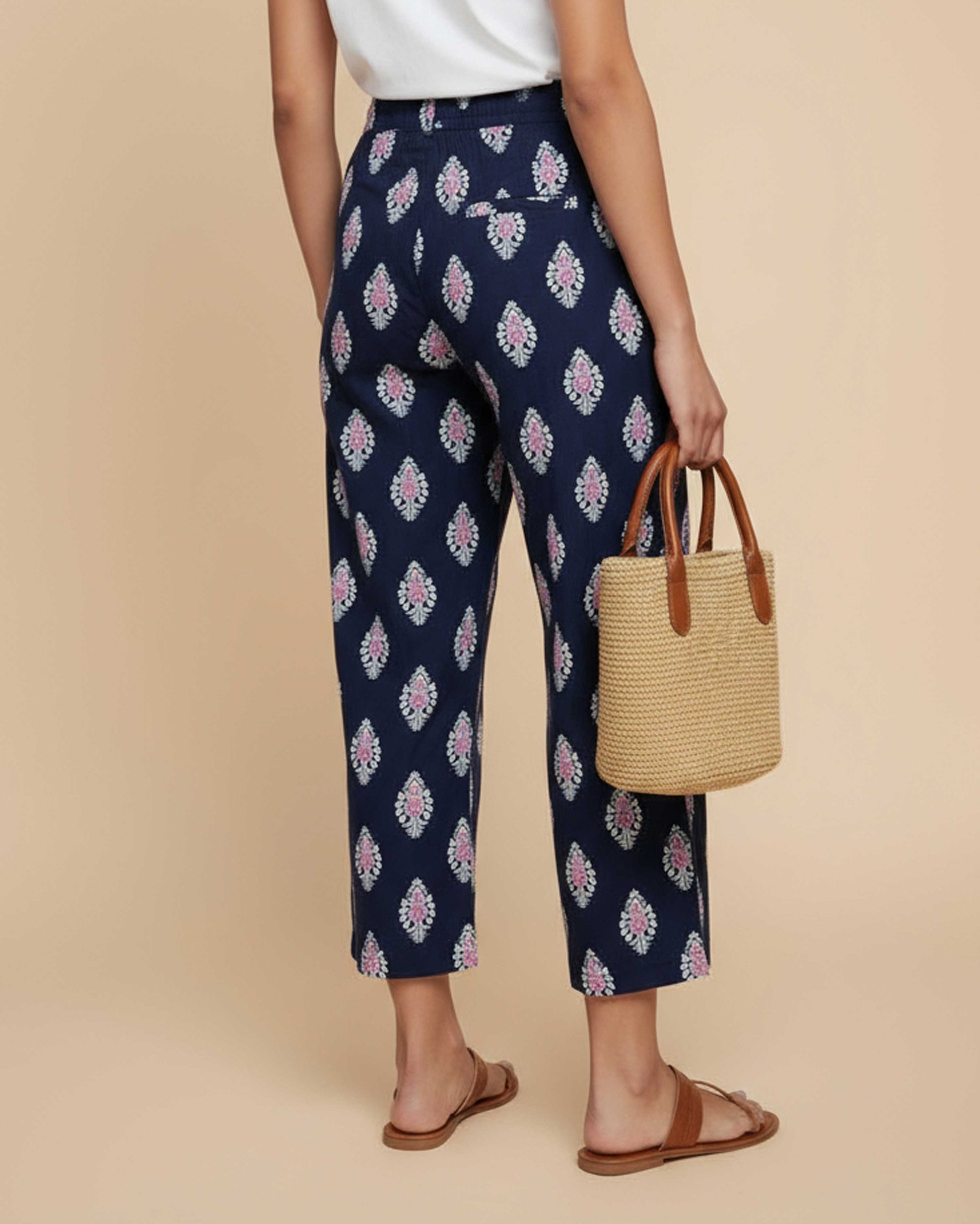 Women's Printed Wide-Leg Palazzo Pant with Elasticated Waistband -Dark Blue-Back